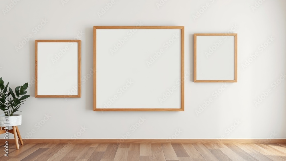Minimalist interior design featuring three empty wooden picture frames on a white wall above hardwood floors, next to a potted plant Minimalist interior design featuring three empty wooden picture frames on a white wall above hardwood floors, next to a potted plant