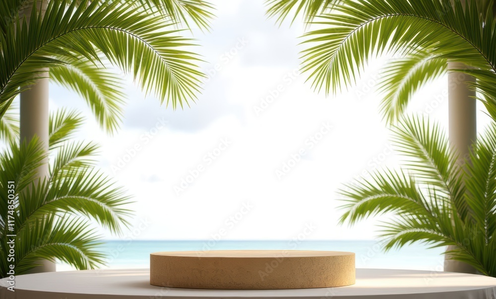 Tropical scene with lush palm leaves