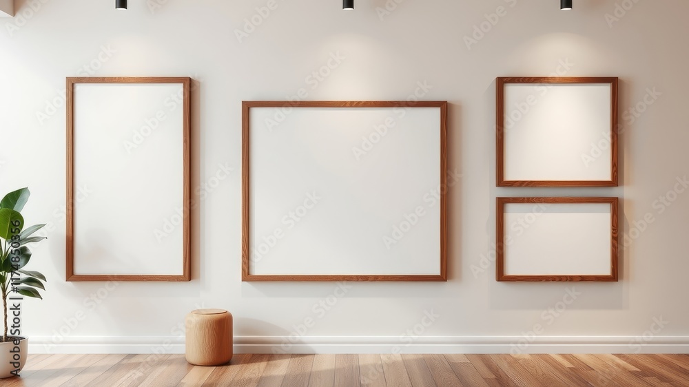 Fototapeta premium Empty wooden picture frames on a minimalist interior wall