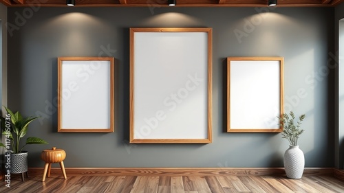 Modern minimalist interior with three blank frames ready for artwork and design elements