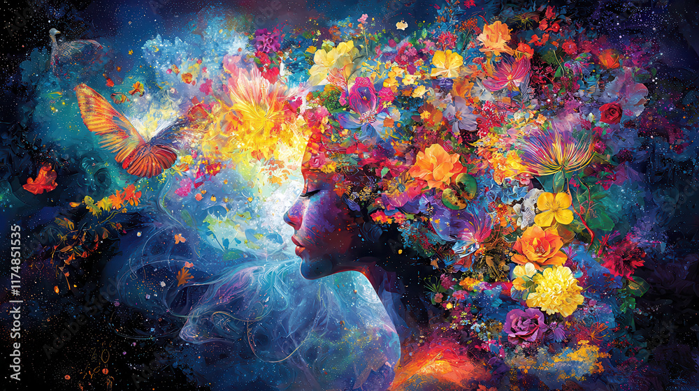 Obraz premium surreal image of woman with vibrant flowers and butterflies in her hair, evoking sense of wonder and beauty
