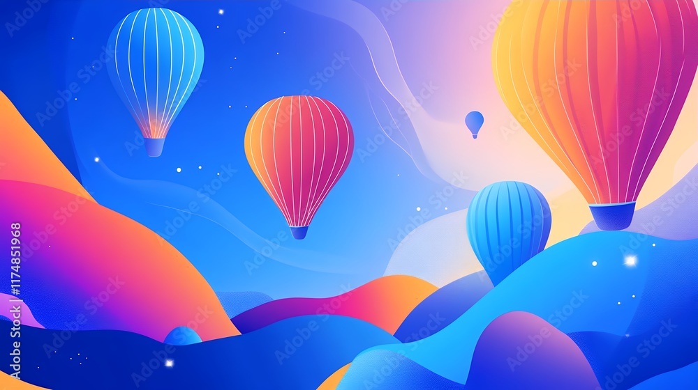 Obraz premium Vibrant Hot Air Balloons Soaring Over Colorful Landscape