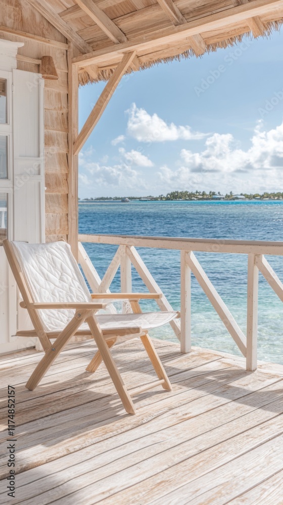 Fototapeta premium A serene beach house patio with wooden furniture overlooking a calm blue sea and a bright sky. The setting is peaceful and tranquil.
