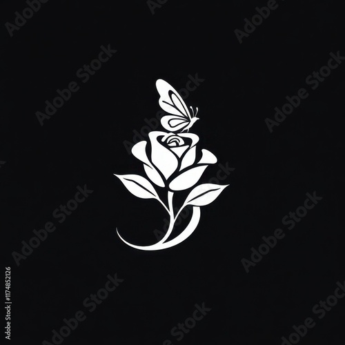 A clean and minimalistic logo design flows into the outline of a blooming rose, with a butterfly symbolizing love.