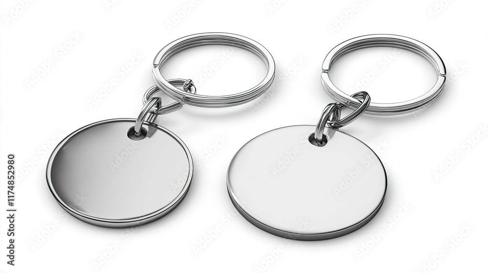 Ring and Chain for Keys Isolated on White. Plastic ID Badge, Metal Keychain with Chain, Design Template, Mockup. Ring and Chain for Keys Isolated on White. Plastic ID Badge, Metal Keychain with Chain, Design Template, Mockup.