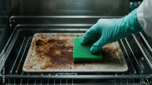 A hand in a green glove scrubs a dirty baking tray with a sponge, removing baked-on residue in a kitchen environment.