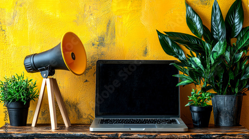 Stylish Workspace with Laptop, Plants, and Yellow Accent photo