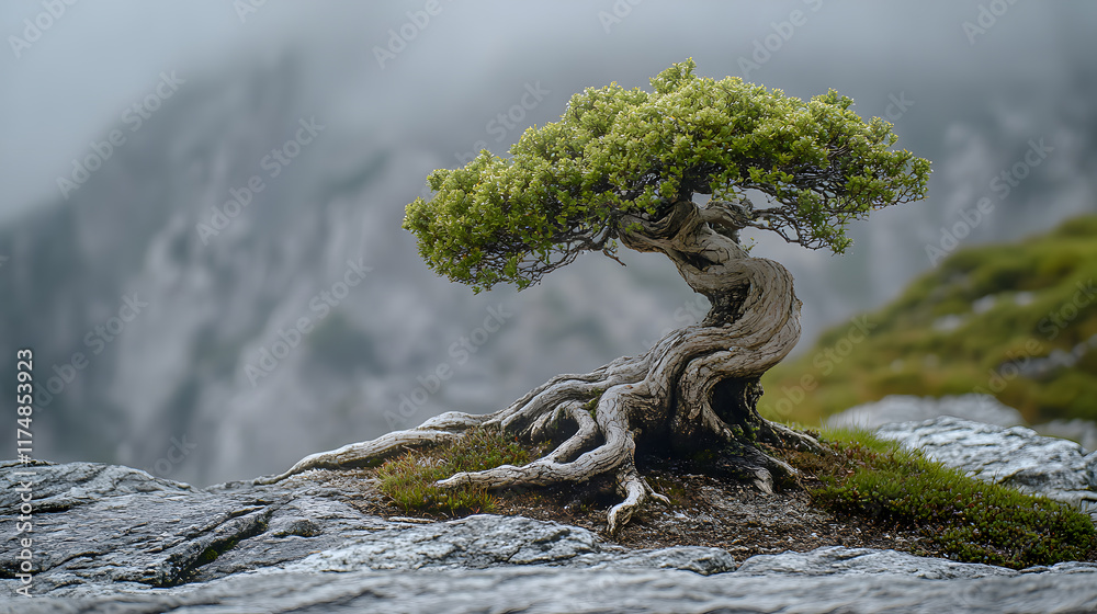 Fototapeta premium An ancient bonsai tree with gnarled roots, with a rocky mountainside as the background, during an overcast day