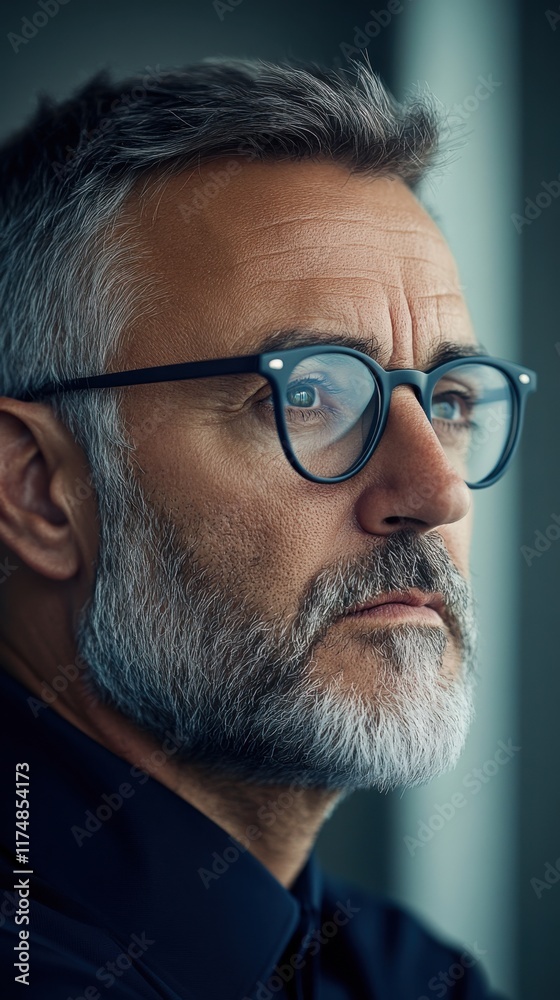 A focused software developer in a thoughtful pose, wearing glasses, gazing intently. The image has a calm, professional atmosphere with a soft color palette. A focused software developer in a thoughtful pose, wearing glasses, gazing intently. The image has a calm, professional atmosphere with a soft color palette.