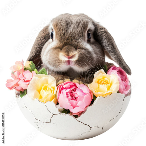 Easter Bunny in Egg Shell with Spring Flowers  photo