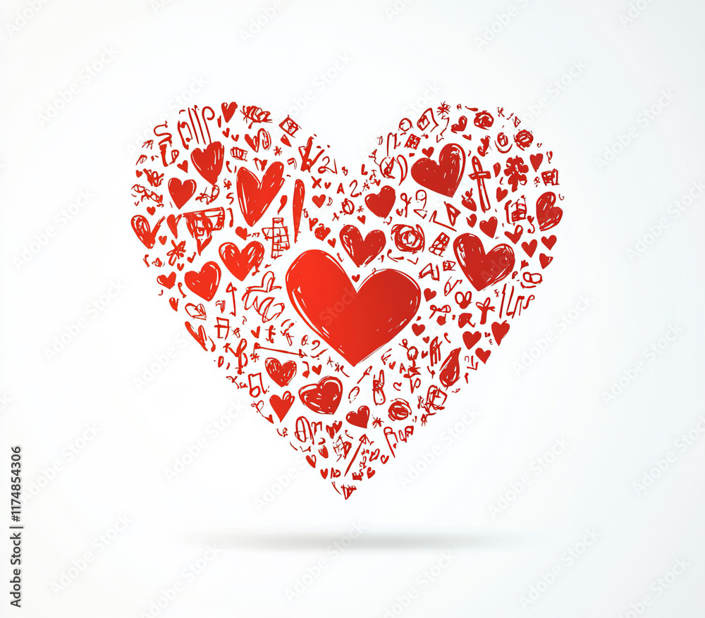 A heart of red doodles on white forms a clean, flat illustration, ideal for Valentine's cards, posters, or love-inspired artwork. A heart of red doodles on white forms a clean, flat illustration, ideal for Valentine's cards, posters, or love-inspired artwork.