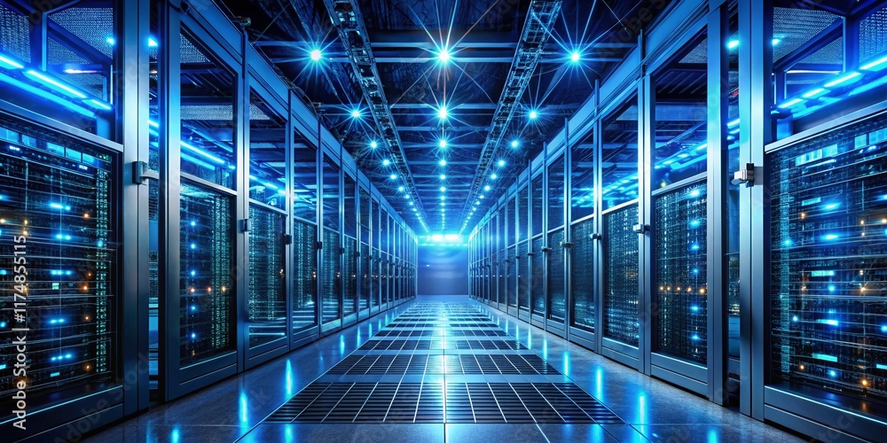 Obraz premium Futuristic Data Center: Glowing Lines & Digital Interfaces in Blue & Black