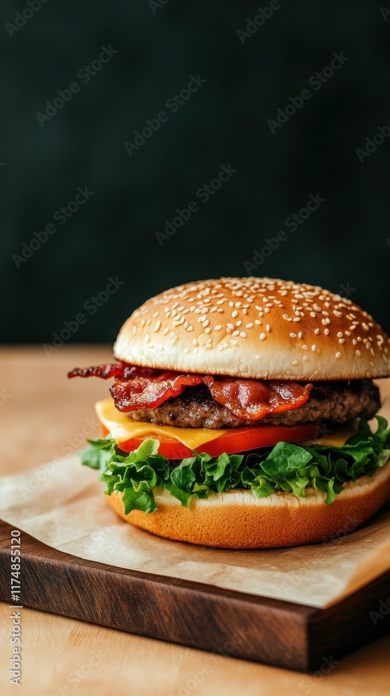 A delicious bacon cheeseburger with a juicy beef patty, crispy bacon, fresh lettuce, tomato, and cheese, placed on a wooden board against a dark background. A delicious bacon cheeseburger with a juicy beef patty, crispy bacon, fresh lettuce, tomato, and cheese, placed on a wooden board against a dark background.