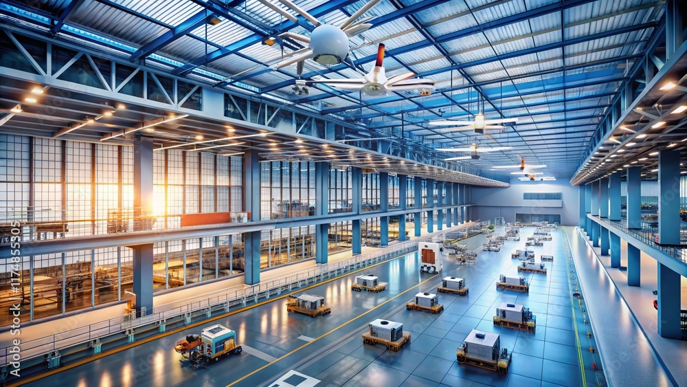 Futuristic Drone Factory: Aerial View of Advanced UAV Manufacturing Plant Futuristic Drone Factory: Aerial View of Advanced UAV Manufacturing Plant
