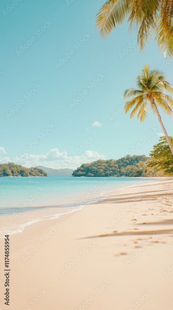 Fototapeta premium A tranquil tropical island beach under a clear blue sky, featuring gentle waves and lush greenery. Palm trees sway softly by the water's edge.