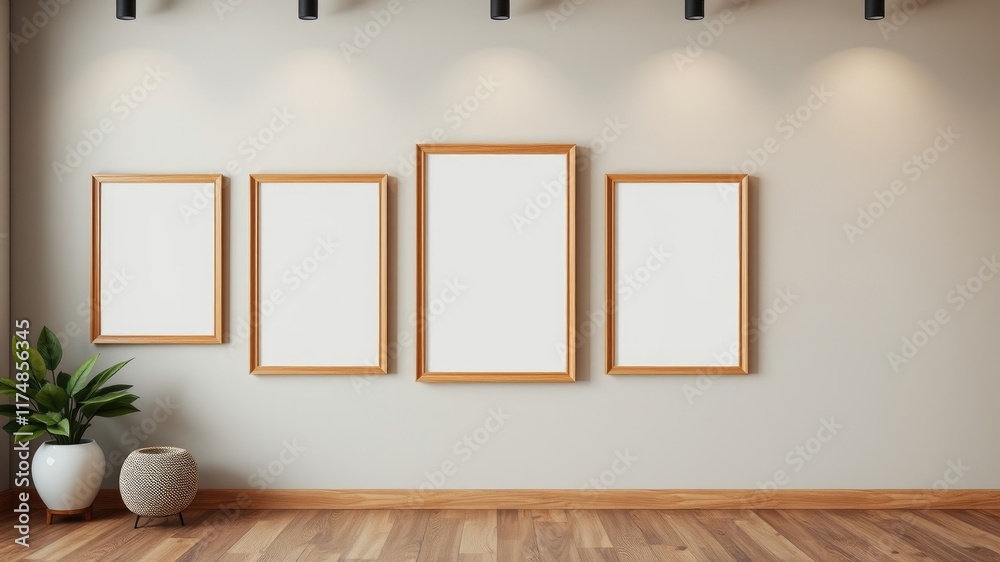 Fototapeta premium Minimalist interior design featuring four empty light wood picture frames on a neutral wall, complemented by a potted plant and woven basket
