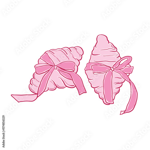 Hand drawn couple cute croissants and pink bow clip art, croissants vector, sketch croissants