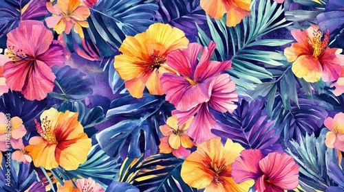 Vibrant Watercolor Hibiscus Flowers Tropical Leaves Pattern