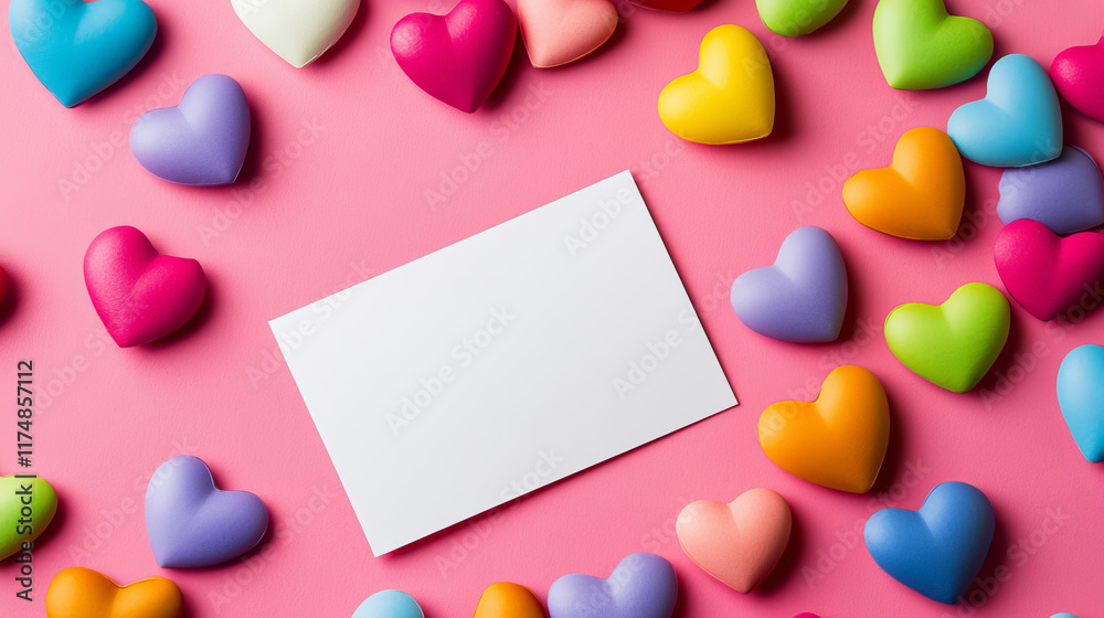 A blank white card surrounded by colorful hearts arranged on a pink background. This inviting layout offers plenty of space for text, making it a perfect choice for banners or invitations. A blank white card surrounded by colorful hearts arranged on a pink background. This inviting layout offers plenty of space for text, making it a perfect choice for banners or invitations.