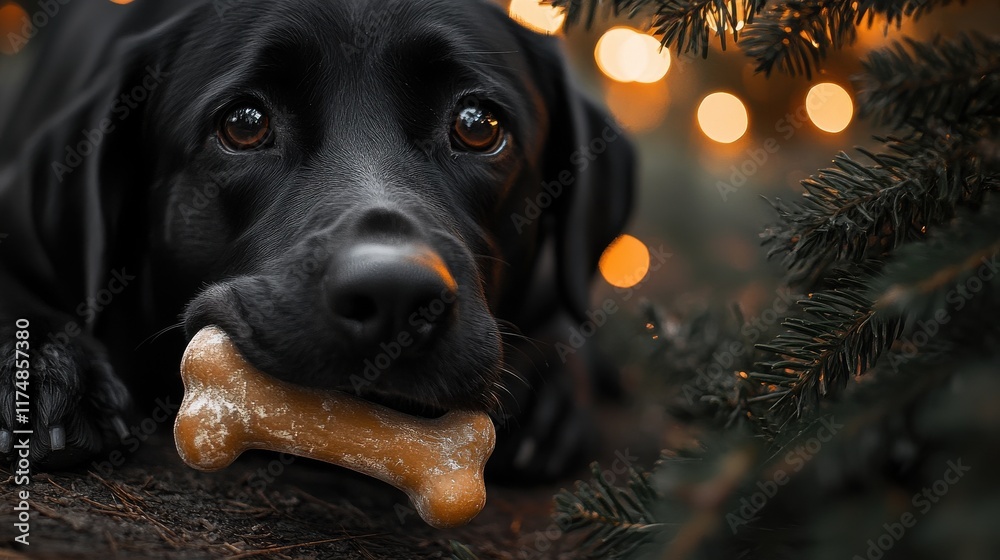 Obraz premium A black Labrador retriever with expressive eyes holding a chew bone, surrounded by festive lights.