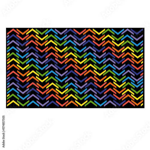 Motif abstrait répétitif de flèches multicolores sur fond noir 