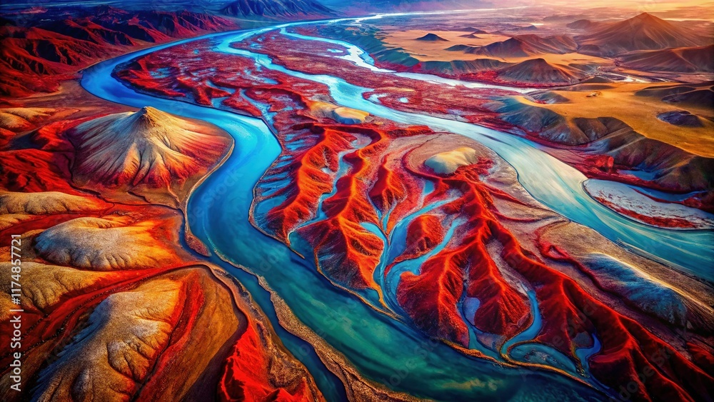 Aerial View of Red and Blue Abstract Landscape, Drone Photography Aerial View of Red and Blue Abstract Landscape, Drone Photography