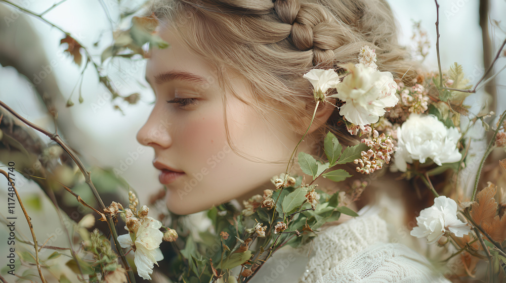 Fototapeta premium serene portrait of woman with braided hair adorned with flowers, surrounded by nature beauty