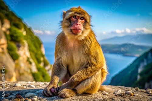 Gibraltar Barbary Macaque: Wild Monkey Sitting on Rock, Rule of Thirds Composition