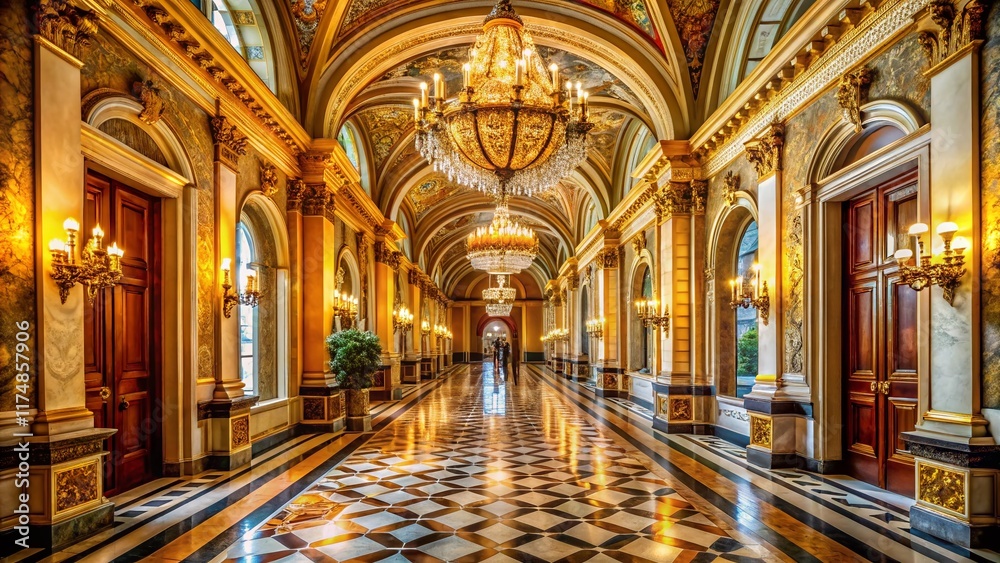 Fototapeta premium Gilded Hallway, Marble Floor, Chandeliers: Luxurious Interior Stock Photo