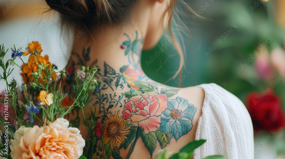 Naklejka premium woman with colorful floral tattoo on her back stands among vibrant flowers, showcasing intricate designs and natural beauty