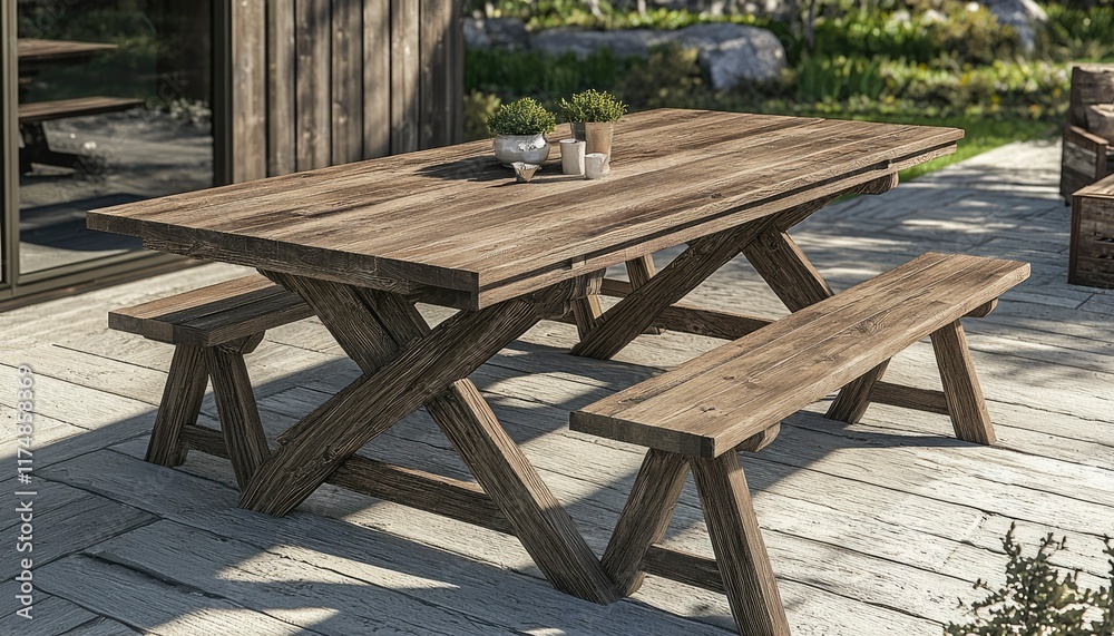 Rustic Wooden Outdoor Table With Benches