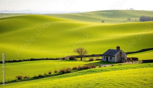 Rolling Green Hills Farmhouse Peaceful Countryside Scene