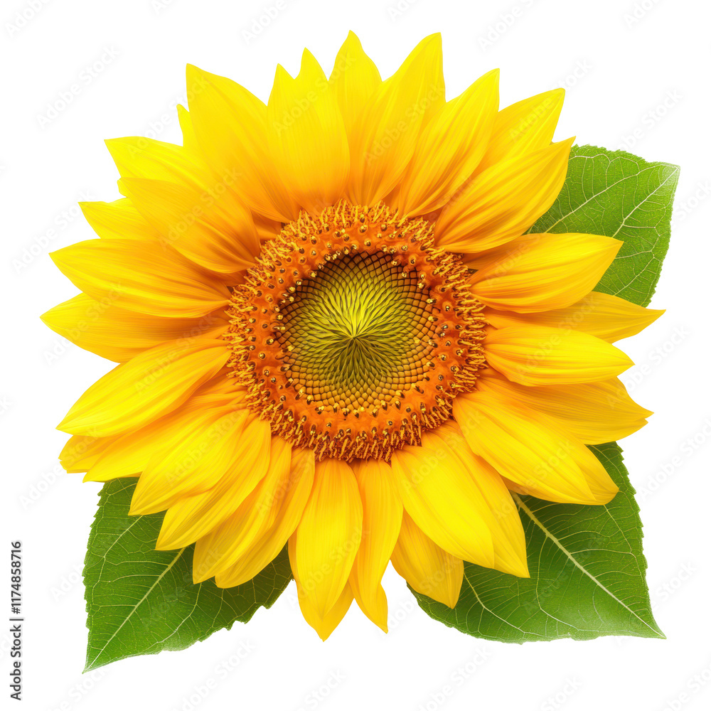 Obraz premium Radiant Sunflower: A vibrant, close-up shot of a single sunflower in full bloom, showcasing its rich yellow petals and contrasting green leaves. The image exudes warmth, nature's beauty.