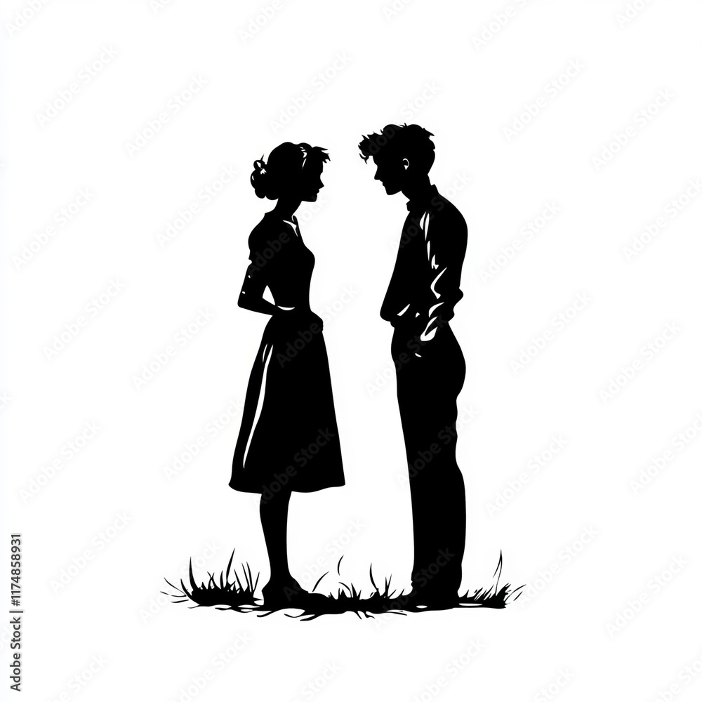 The silhouette of a young couple stands out against a stark white background. Their loving gaze and intimate pose create a simple yet evocative representation of love. The silhouette of a young couple stands out against a stark white background. Their loving gaze and intimate pose create a simple yet evocative representation of love.