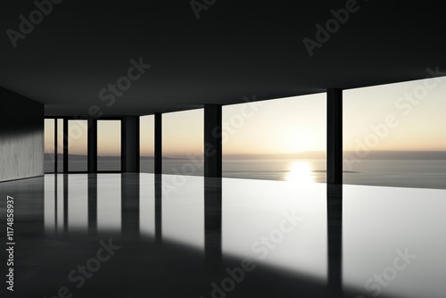 Modern minimalist interior with ocean sunset view