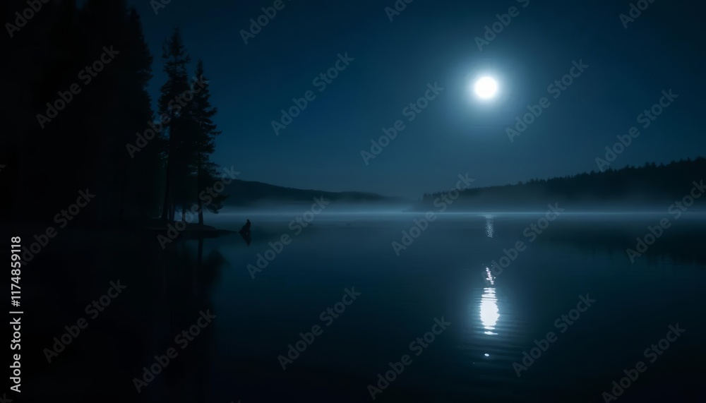 Obraz premium Serene Moonlight Over Foggy Lake And Trees