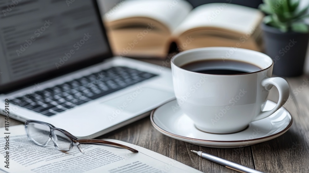 Coffee Break Laptop, Newspaper, Books, and a Cup of Coffee on a Wooden Desk Coffee Break Laptop, Newspaper, Books, and a Cup of Coffee on a Wooden Desk