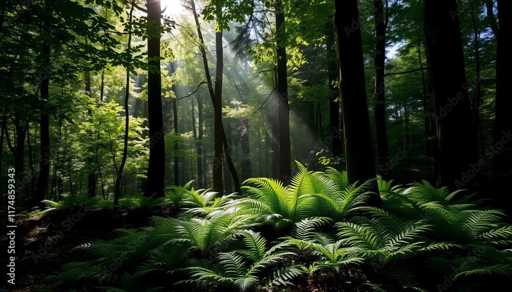 Fototapeta premium Sunbeams Illuminate Lush Forest Ferns And Trees