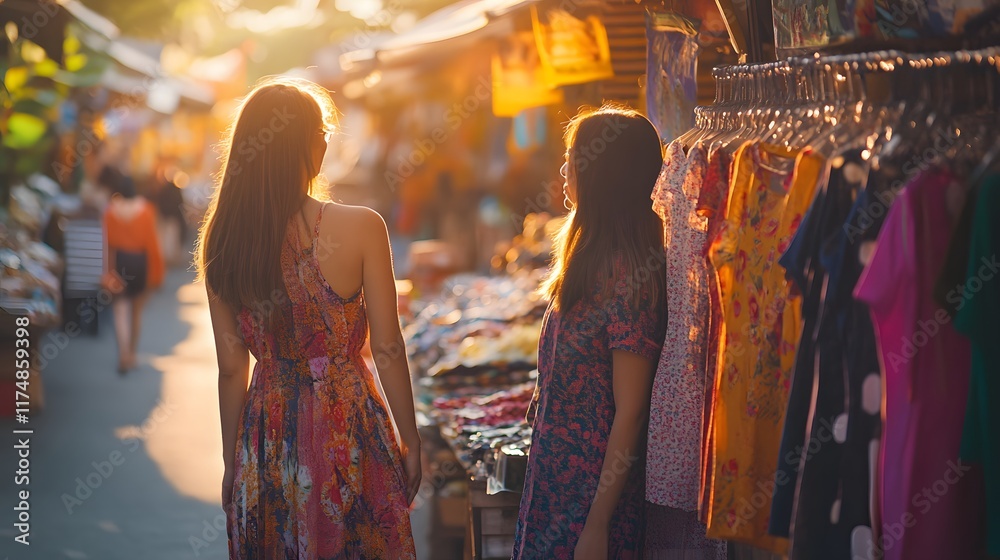 Obraz premium Two women shopping for dresses at a vibrant market
