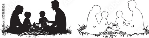 Silhouette of a family having a picnic, enjoying vector silhouette icon