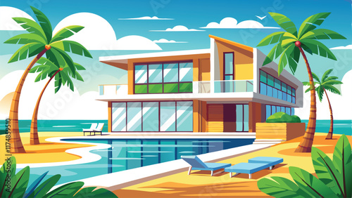 Vector luxury vacation home with pool and sun loungers
