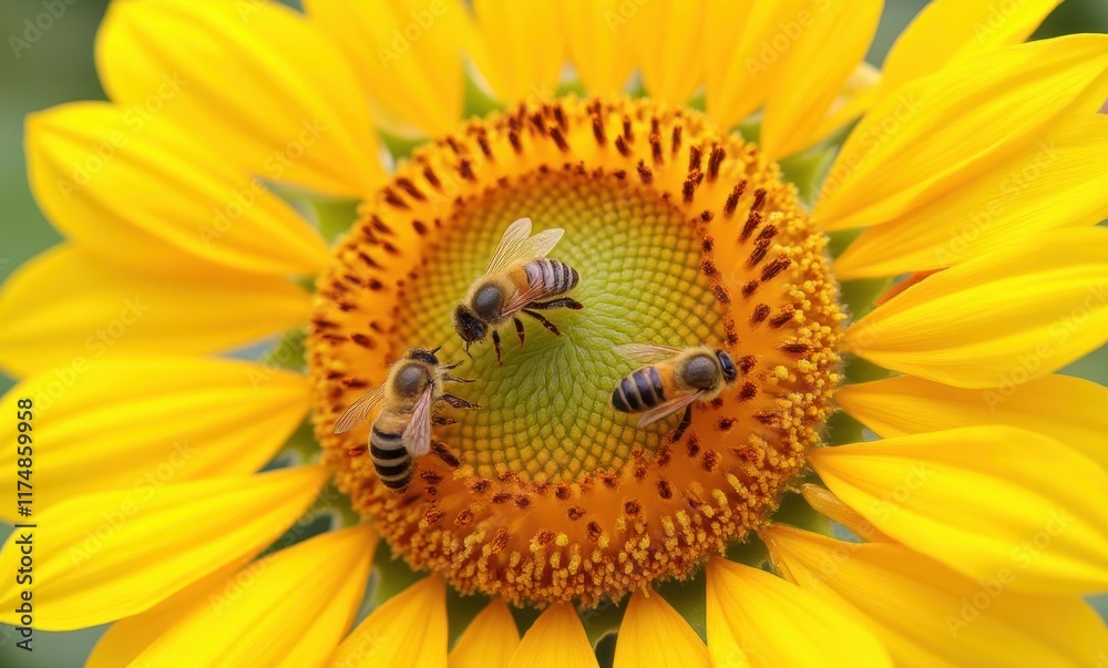 Bees pollinating vibrant sunflower blooms Bees pollinating vibrant sunflower blooms