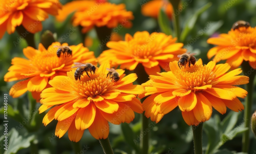 Bees pollinating vibrant orange flowers Bees pollinating vibrant orange flowers