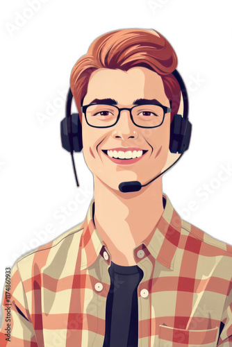 Smiling customer service agent, headset, office, support.