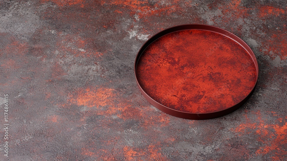 Φωτογραφία Round red tray on textured gray surface with colorful accents