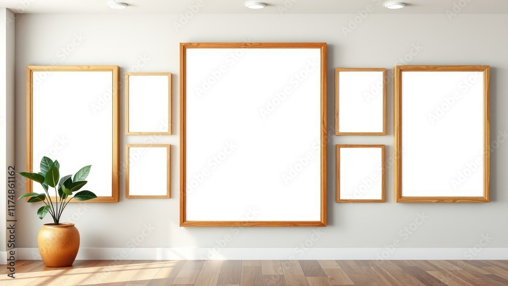 Fototapeta premium Minimalist Interior Design Mockup Empty Wood Frames on Wall