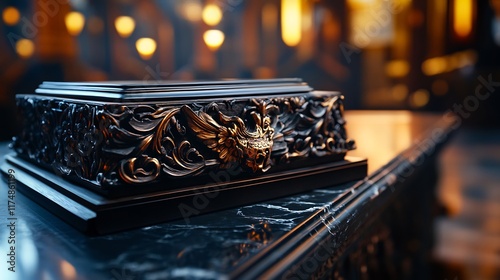 Ornate Black and Gold Decorative Box on Marble Surface photo