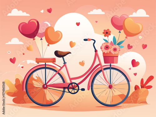 Bicycle with basket of flowers and gift box with balloons. Romantic illustration for Valentine's Day Pro Vector
