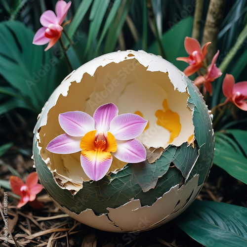 Closeup detailed shot of a cracked eggshell, with a lush tropical forest featuring tall palm trees and colorful orchids growing inside it