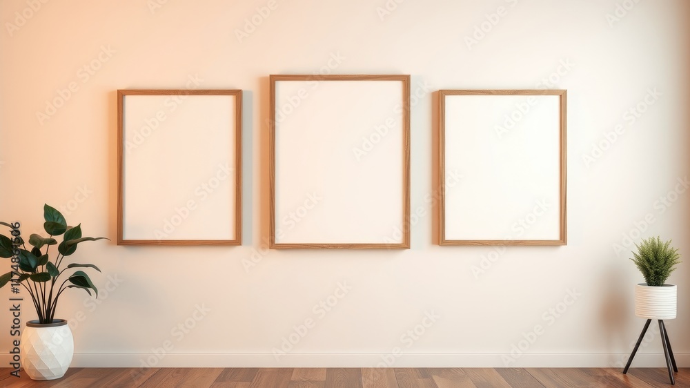 Fototapeta premium Modern minimalist interior design featuring three empty picture frames and potted plants